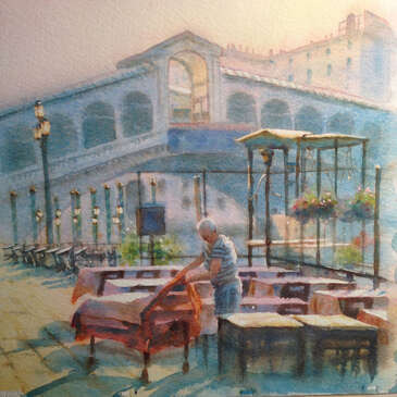 Setting up, beneath the Rialto